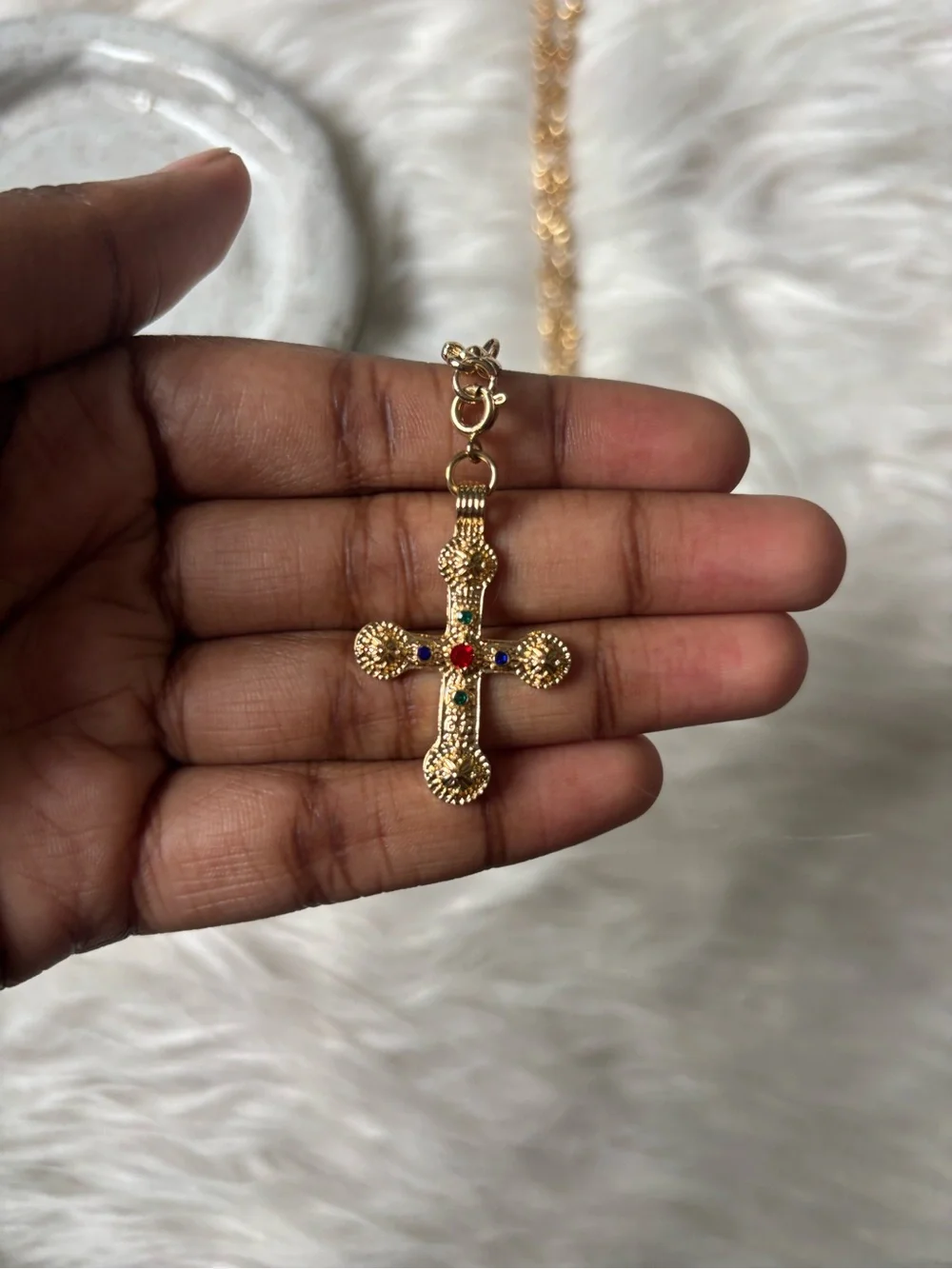 Gold Cross Beaded Rosary Necklace